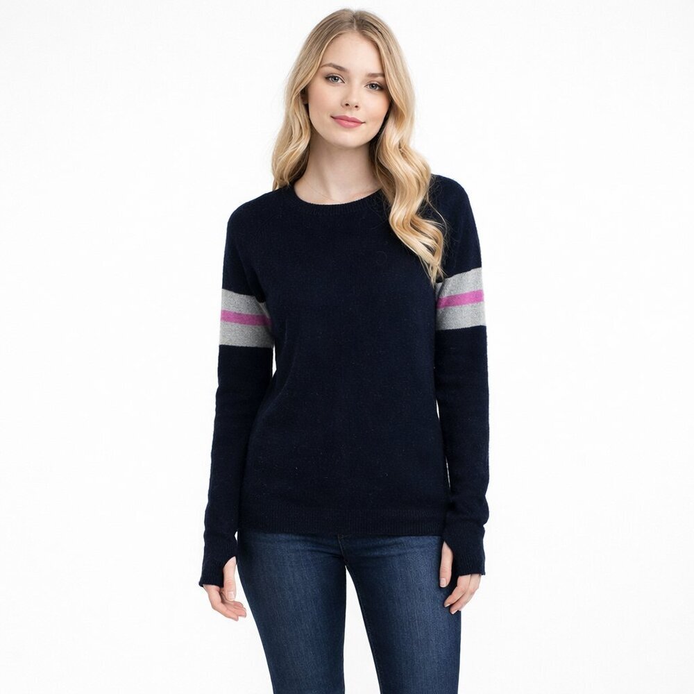 AQUA Cashmere Varsity Pullover Sweater Thumbhole Black Small #5140